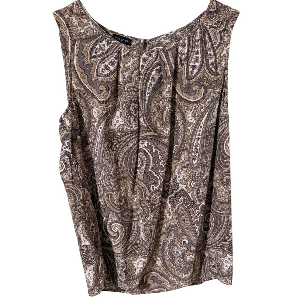 Talbots Womens 100% Silk Paisley Sleeveless Blouse Taupe Grey Size 10